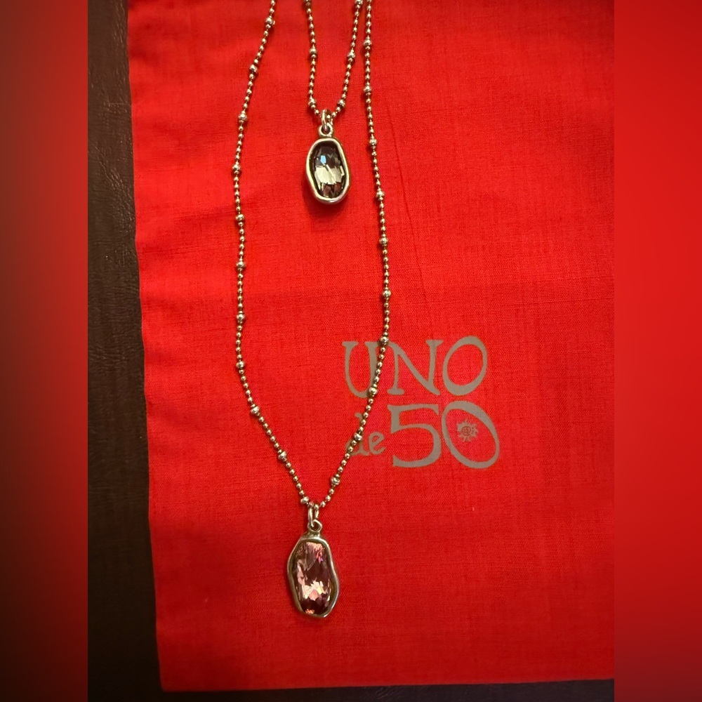 UNO de 50 Silver Layered Necklace w/ Blue & Pink Crystals
